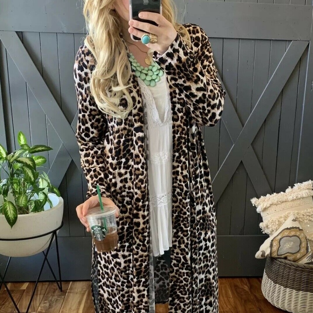 Leopard Animal Print Duster Maxi Cardigan Jacket - Picture 7 of 8